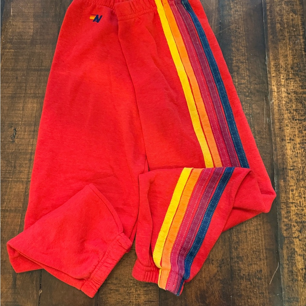 Aviator Nation Red and Yellow Sweatpants with Retro Stripes